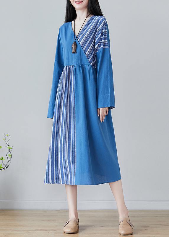 Handmade Blue Striped Tunics For Women V Neck Patchwork Traveling Spring Dresses - bagstylebliss