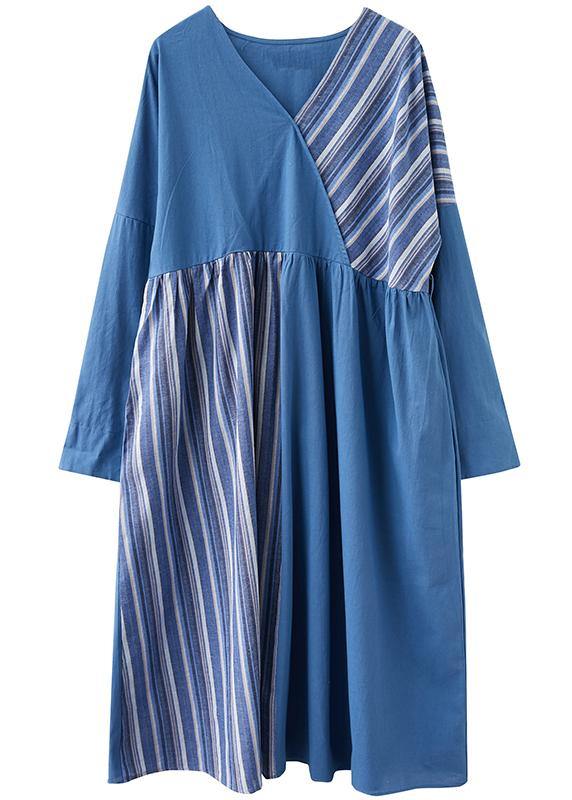 Handmade Blue Striped Tunics For Women V Neck Patchwork Traveling Spring Dresses - bagstylebliss