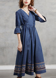 Handmade Blue V Neck Cinched Ruffled Embroideried Cotton Long Dress Half Sleeve