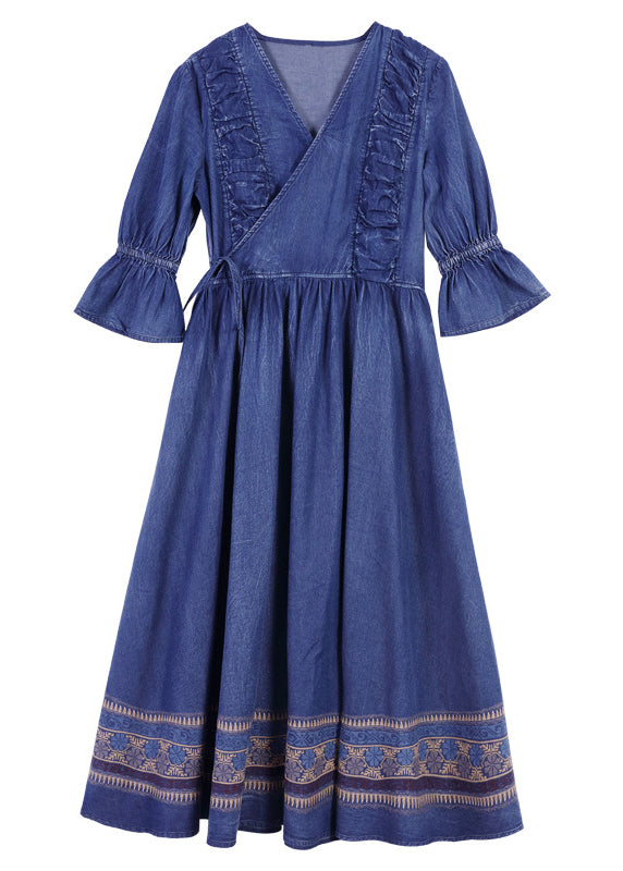 Handmade Blue V Neck Cinched Ruffled Embroideried Cotton Long Dress Half Sleeve