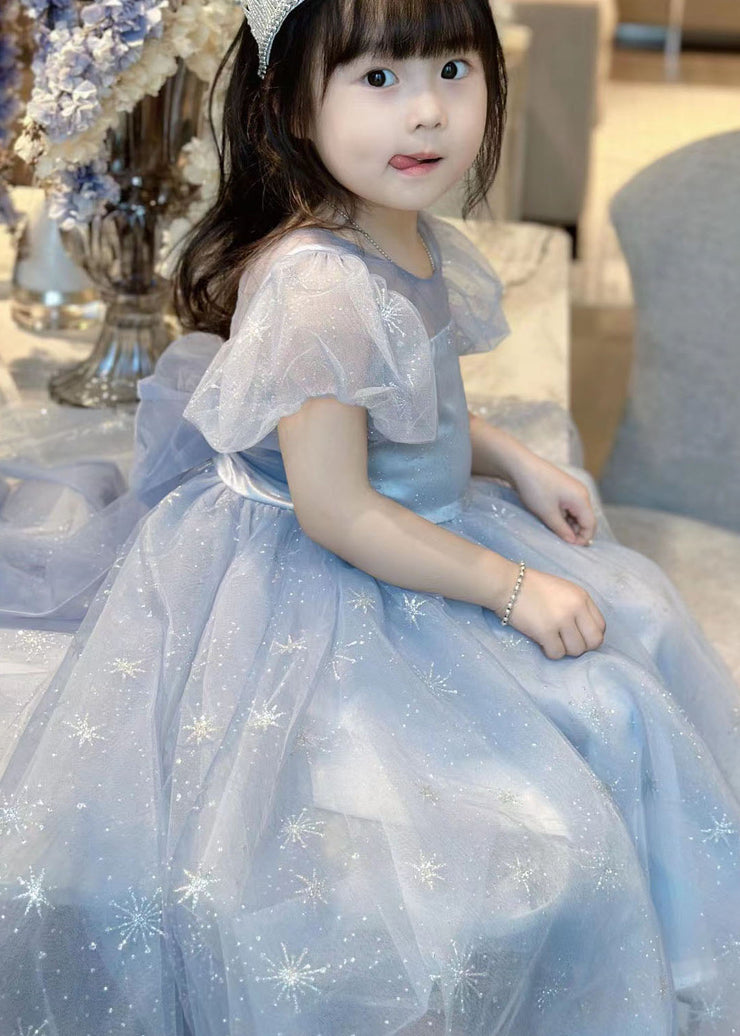 Handmade Blue Wrinkled Bow Embroidered Tulle Baby Girls Dresses Summer