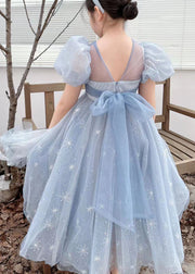 Handmade Blue Wrinkled Bow Embroidered Tulle Baby Girls Dresses Summer