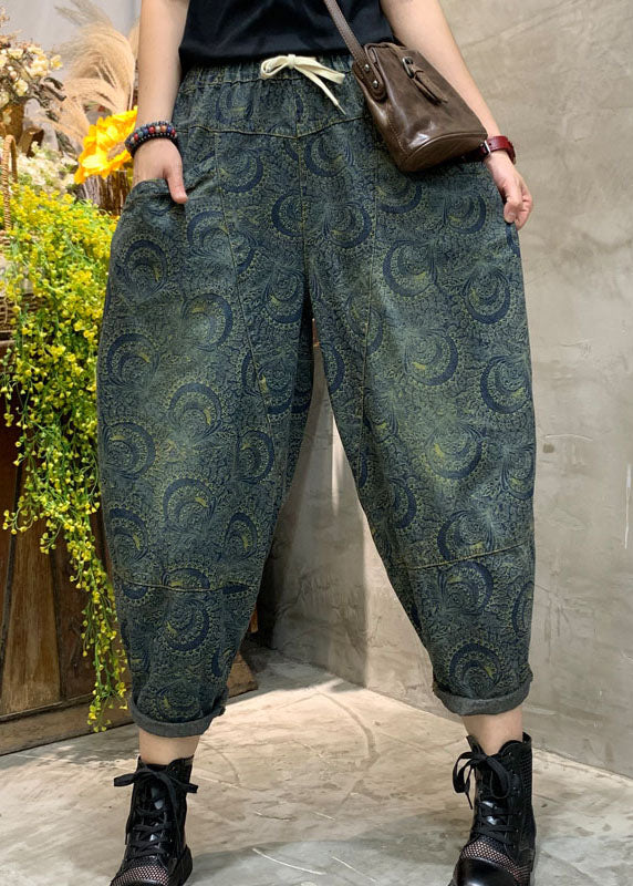 Handmade Blue high waist Print denim Pants Spring