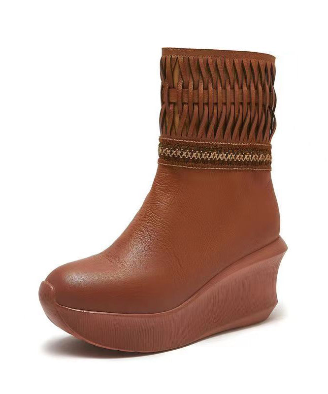 Handmade Braid Splicing Wedge Boots Brown Cowhide Leather