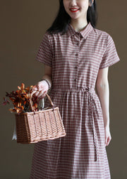 Handmade Brick Red Plaid Drawstring Peter Pan Collar Cotton Vacation Dresses Short Sleeve