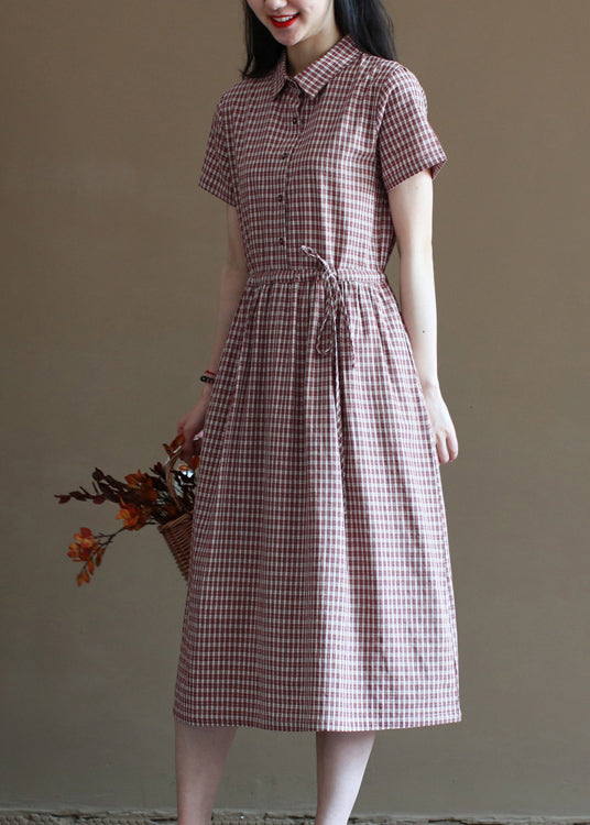 Handmade Brick Red Plaid Drawstring Peter Pan Collar Cotton Vacation Dresses Short Sleeve