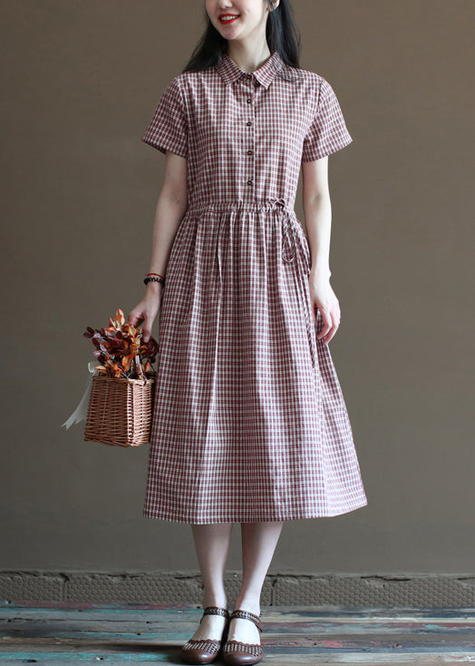 Handmade Brick Red Plaid Drawstring Peter Pan Collar Cotton Vacation Dresses Short Sleeve