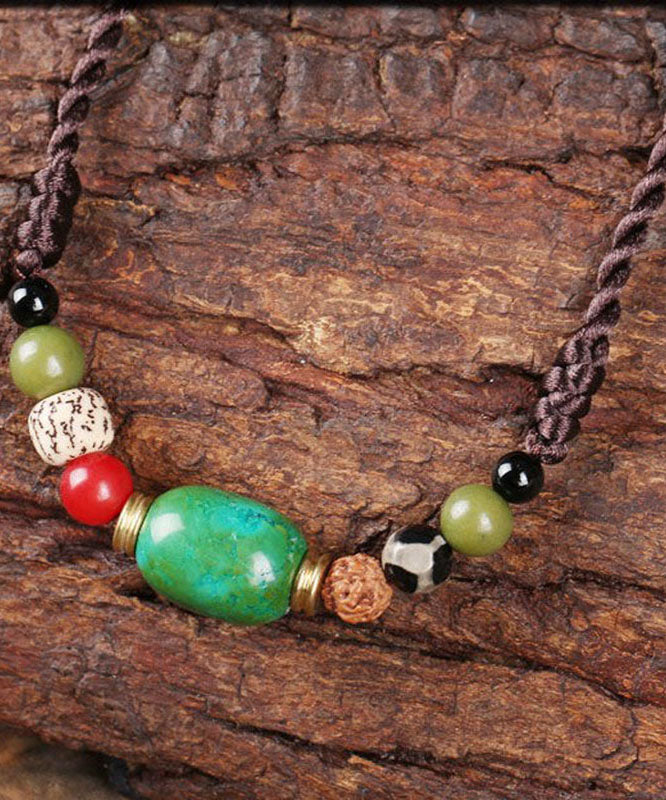 Handmade Brown Hand Knitting Turquoise Pipal Tree Seed Graduated Bead Necklace