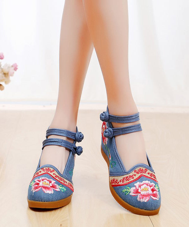 Handmade Buckle Strap Wedge High Wedge Heels Shoes Blue Embroidered Comfy Linen Fabric
