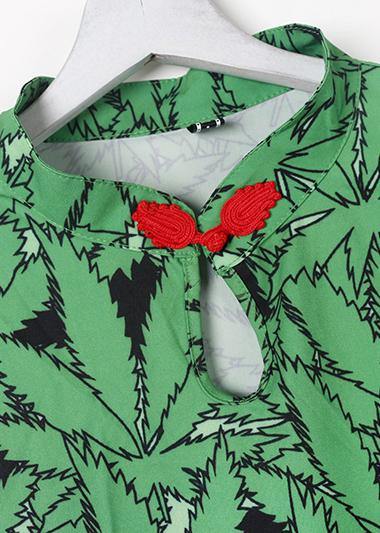 Handmade Chinese Button Cotton quilting dresses Neckline green prints Dresses summer - bagstylebliss