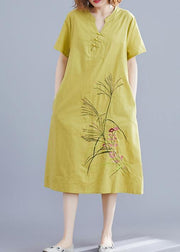 Handmade Chinese Button linen dresses Tutorials yellow embroidery Dress summer - bagstylebliss