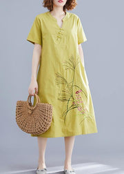 Handmade Chinese Button linen dresses Tutorials yellow embroidery Dress summer - bagstylebliss