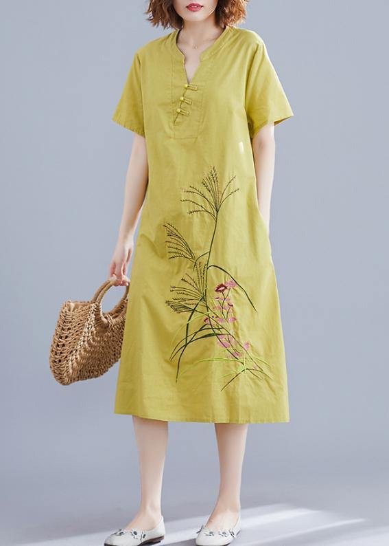 Handmade Chinese Button linen dresses Tutorials yellow embroidery Dress summer - bagstylebliss