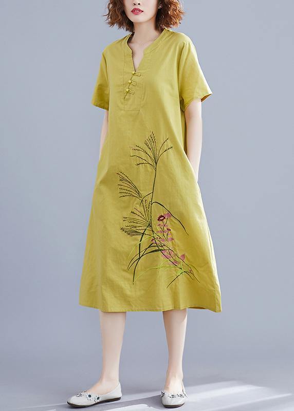 Handmade Chinese Button linen dresses Tutorials yellow embroidery Dress summer - bagstylebliss