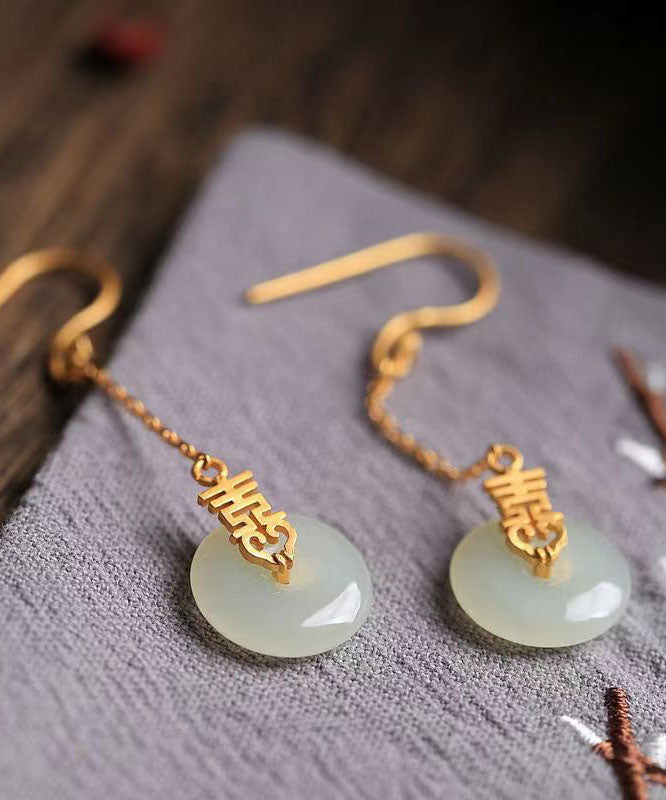 Handmade Chinese Style Jade Patchwork Silver Drop Earrings