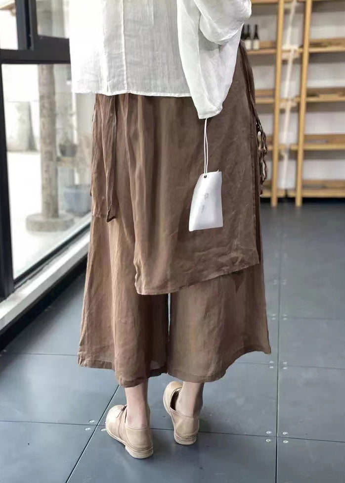 Handmade Chocolate Elastic Waist Drawstring Asymmetrical Linen Wide Leg Pants Summer