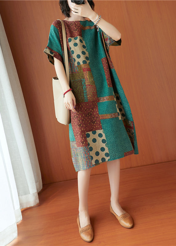 Handmade Colorblock O-Neck Print Cotton Dresses Short Sleeve