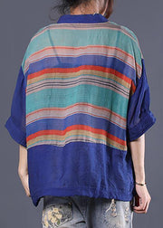 Handmade Cotton Striped Tops Fitted Retro Half Sleeve V Neck Blouse - bagstylebliss