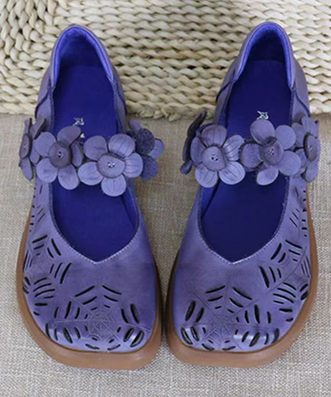 Handmade Cowhide Leather Purple Walking Sandals Hollow Out Floral