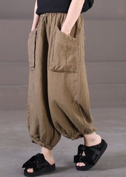 Handmade Dark Khaki High Waist Drawstring Linen Beam Pants Summer