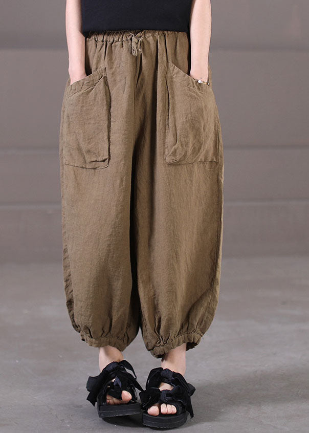 Handmade Dark Khaki High Waist Drawstring Linen Beam Pants Summer