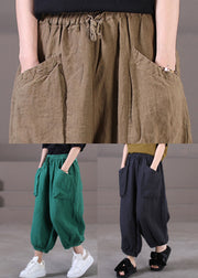 Handmade Dark Khaki High Waist Drawstring Linen Beam Pants Summer