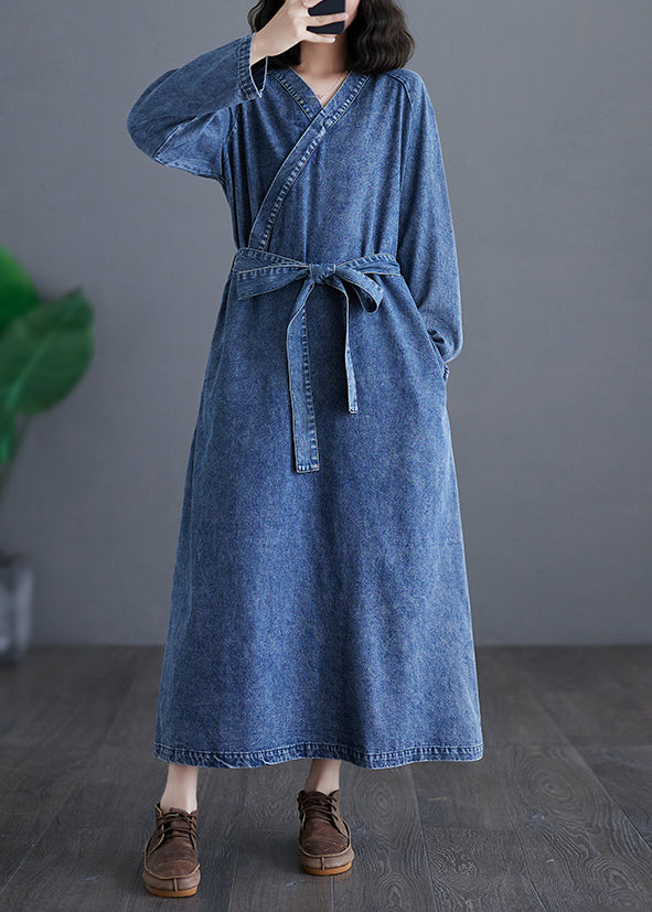 Handmade Denim Blue V Neck Patchwork Tie Waist Party Long Dress Long Sleeve