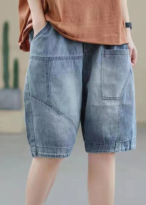 Handgemachte Denim Hellblau Elastische Taillentaschen Patchwork Baumwolle Kurze Hose Sommer