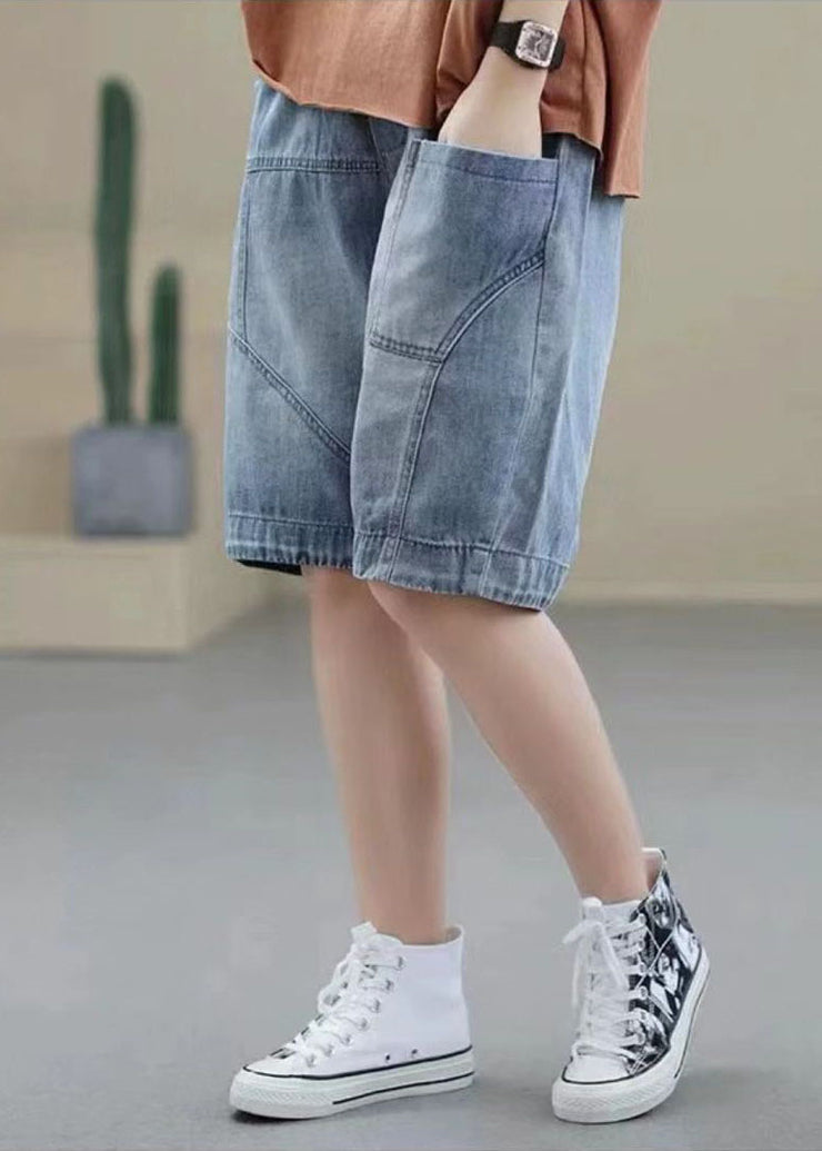 Handgemachte Denim Hellblau Elastische Taillentaschen Patchwork Baumwolle Kurze Hose Sommer