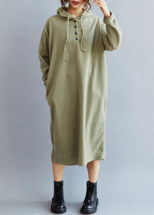 Handmade Drawstring Hooded  cotton Spring Dresses  Green long Dress - bagstylebliss