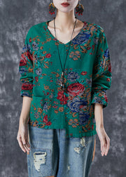 Handmade Green Asymmetrical Print Linen Shirt Tops Fall