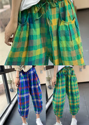 Handmade Green Elastic Waist Pockets Plaid Linen Harem Pants Summer