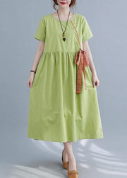 Handmade Green Loose Cotton Linen Summer Party Dress - bagstylebliss