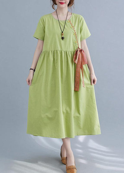 Handmade Green Loose Cotton Linen Summer Party Dress - bagstylebliss