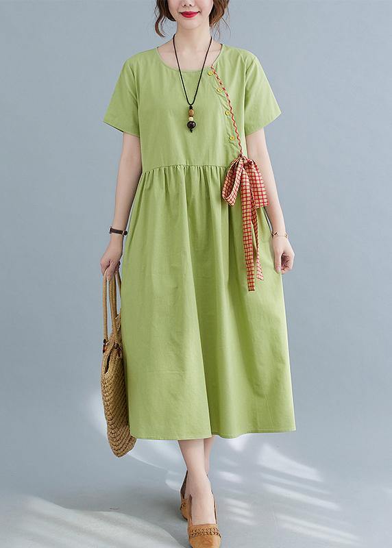 Handmade Green Loose Cotton Linen Summer Party Dress - bagstylebliss