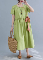 Handmade Green Loose Cotton Linen Summer Party Dress - bagstylebliss