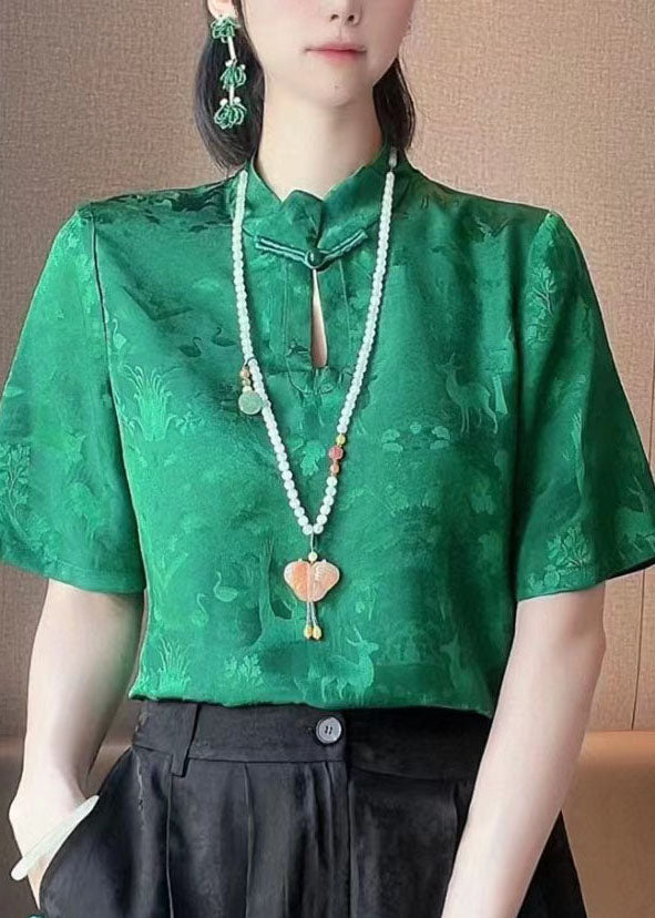 Handmade Green Mandarin Collar Print Oriental Button Silk Blouses Short Sleeve