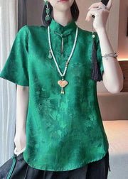 Handmade Green Mandarin Collar Print Oriental Button Silk Blouses Short Sleeve