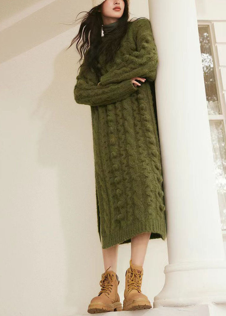 Handmade Green O-Neck Side Open Cozy Cotton Knit Cable Sweater Dress Long Sleeve