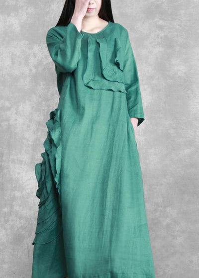 Handmade Green 3D Flower Linen Maxi Dress - bagstylebliss