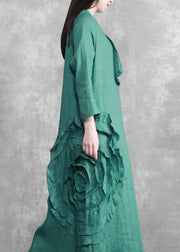 Handmade Green 3D Flower Linen Maxi Dress - bagstylebliss