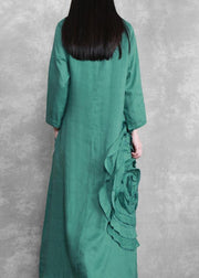 Handmade Green 3D Flower Linen Maxi Dress - bagstylebliss