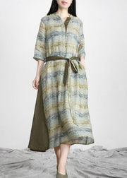 Handmade Green Print V Neck Robe Linen Dresses Half Sleeve - bagstylebliss