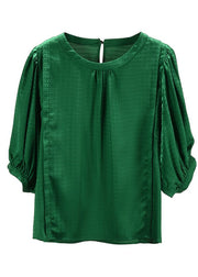 Handmade Green Puff Sleeve Jacquard Button Chiffon Shirt Tops Summer