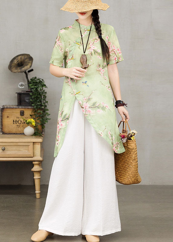 Handmade Green Stand Collar Asymmetrical Print Cotton Long Shirt Two Piece Set Short Sleeve