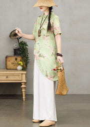 Handmade Green Stand Collar Asymmetrical Print Cotton Long Shirt Two Piece Set Short Sleeve