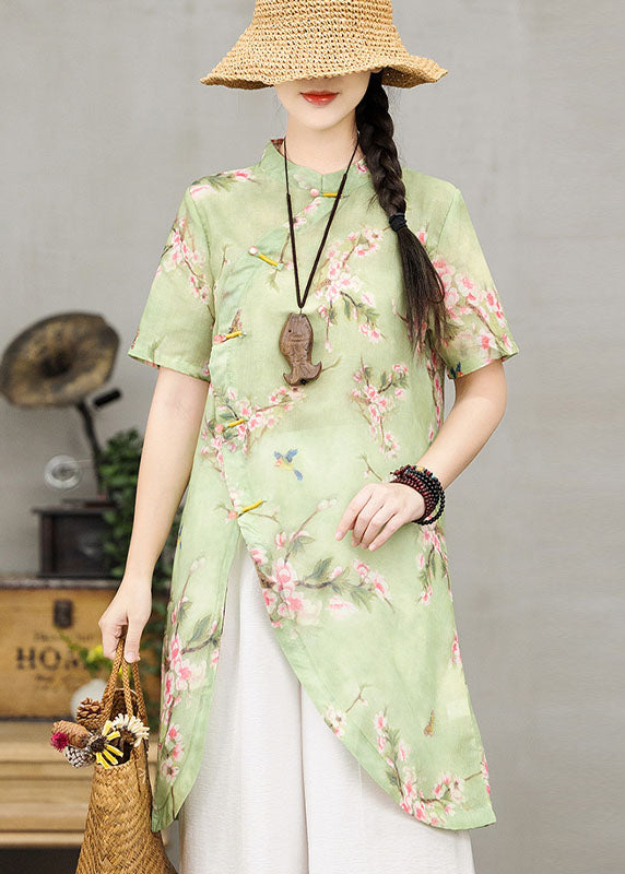 Handmade Green Stand Collar Asymmetrical Print Cotton Long Shirt Two Piece Set Short Sleeve