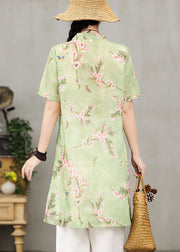 Handmade Green Stand Collar Asymmetrical Print Cotton Long Shirt Two Piece Set Short Sleeve