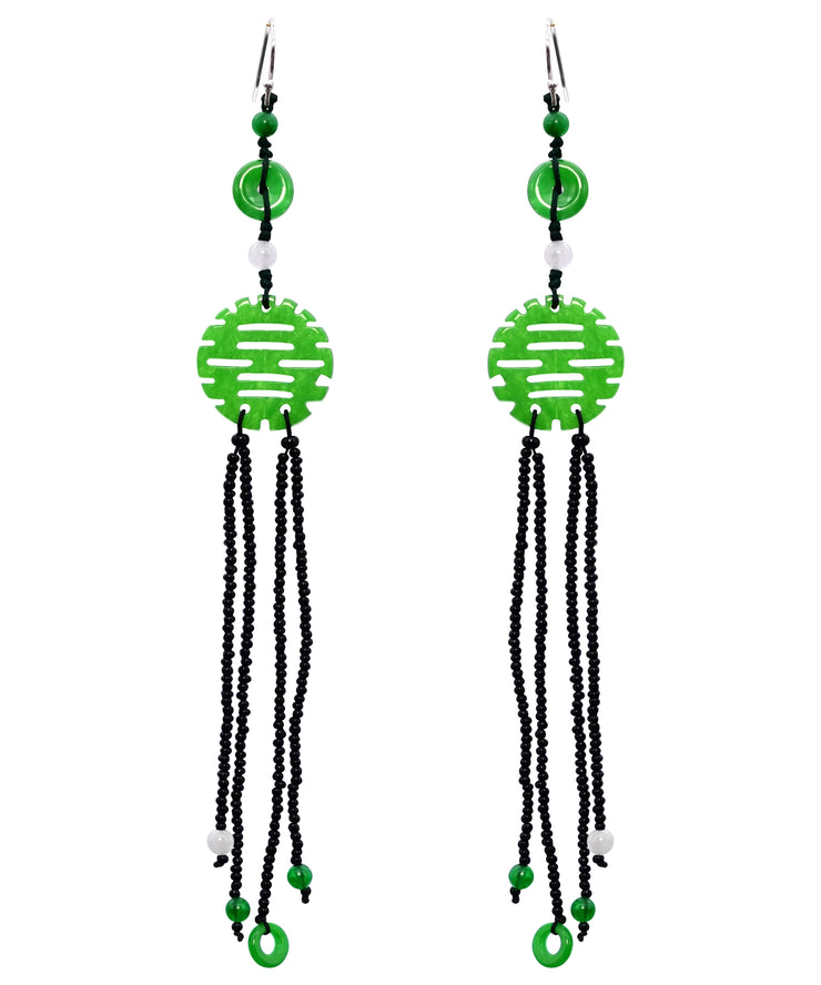 Handmade Green Sterling Silver Jade Tassel Glass Bea Drop Earrings