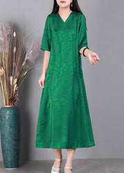 Handmade Green V Neck Jacquard 2024 Silk Long Dress Half Sleeve